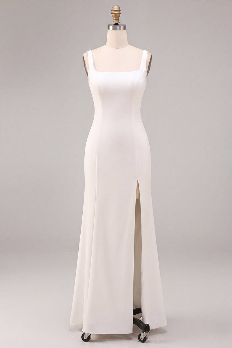 Load image into Gallery viewer, Simple White Mermaid Square Neck Satin Long Engagement Dress with Slit