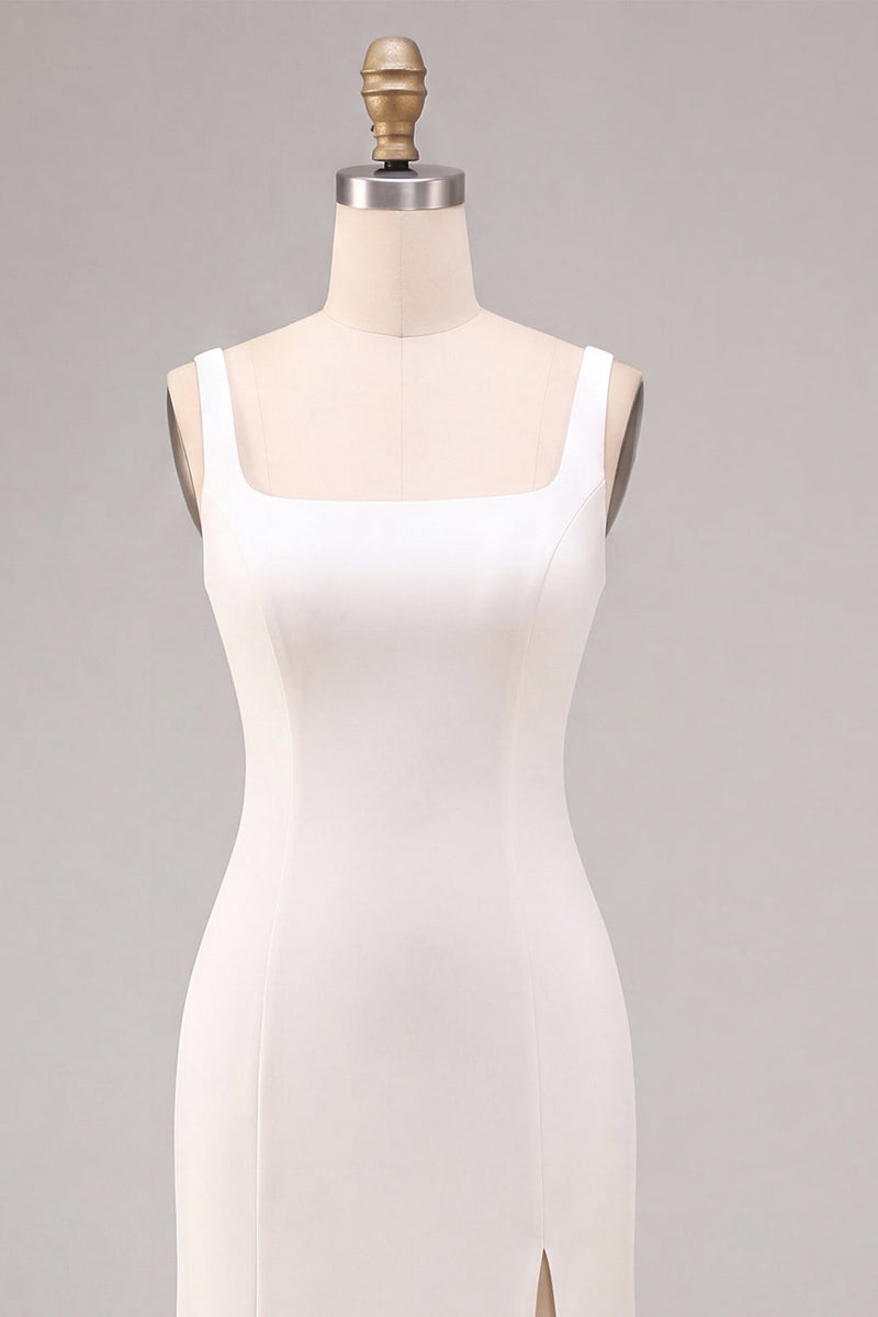 Load image into Gallery viewer, Simple White Mermaid Square Neck Satin Long Engagement Dress with Slit