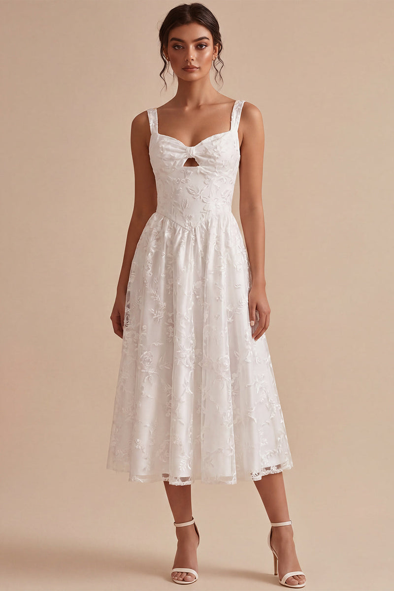Load image into Gallery viewer, White A-Line Keyhole Jacquard Midi Boho Engagement Dress with Pockets
