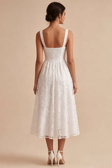 White A-Line Keyhole Jacquard Midi Boho Engagement Dress with Pockets