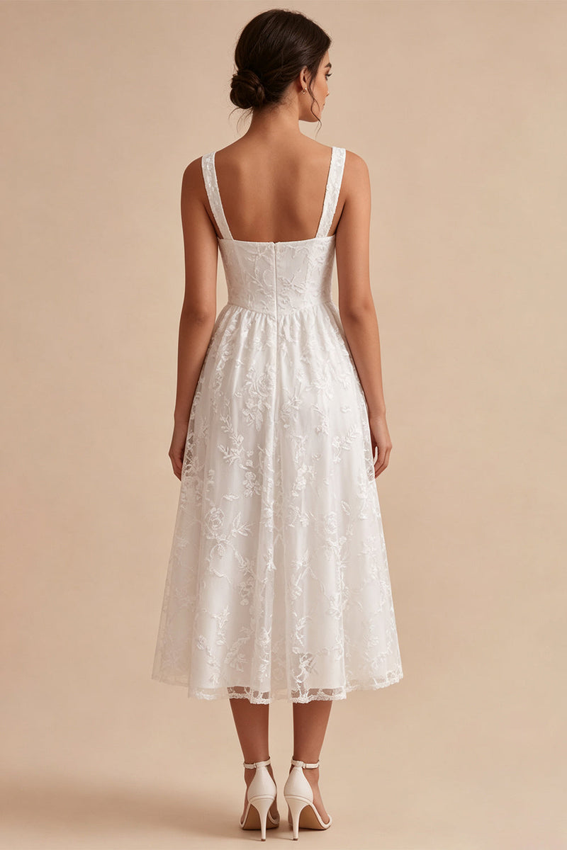 Load image into Gallery viewer, White A-Line Keyhole Jacquard Midi Boho Engagement Dress with Pockets