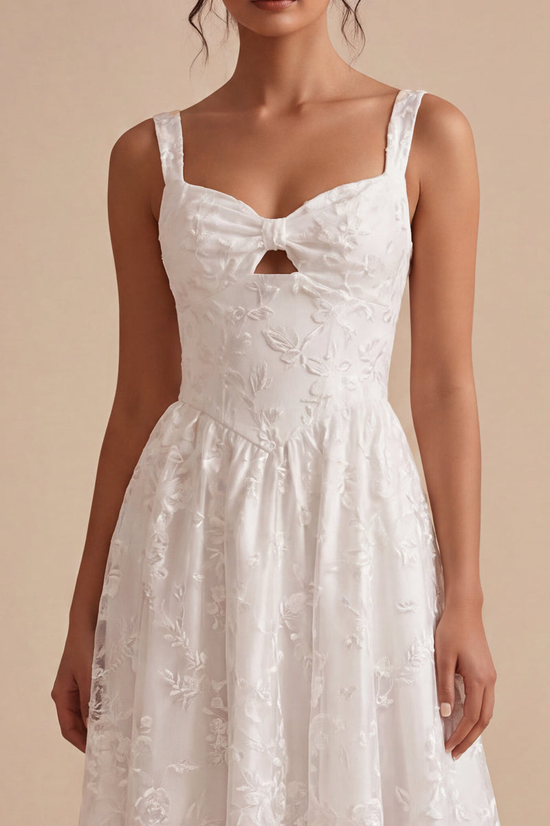 Load image into Gallery viewer, White A-Line Keyhole Jacquard Midi Boho Engagement Dress with Pockets