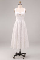 Load image into Gallery viewer, White A-Line Keyhole Jacquard Midi Boho Engagement Dress with Pockets