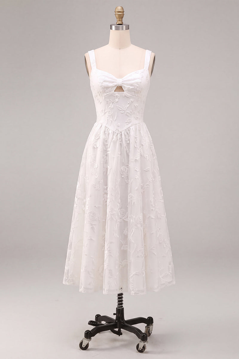 Load image into Gallery viewer, White A-Line Keyhole Jacquard Midi Boho Engagement Dress with Pockets