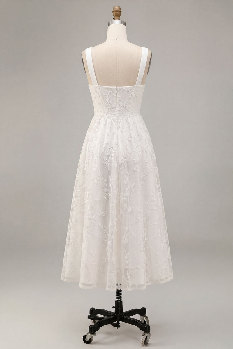 Load image into Gallery viewer, White A-Line Keyhole Jacquard Midi Boho Engagement Dress with Pockets