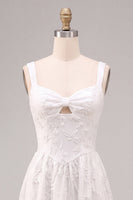 Load image into Gallery viewer, White A-Line Keyhole Jacquard Midi Boho Engagement Dress with Pockets
