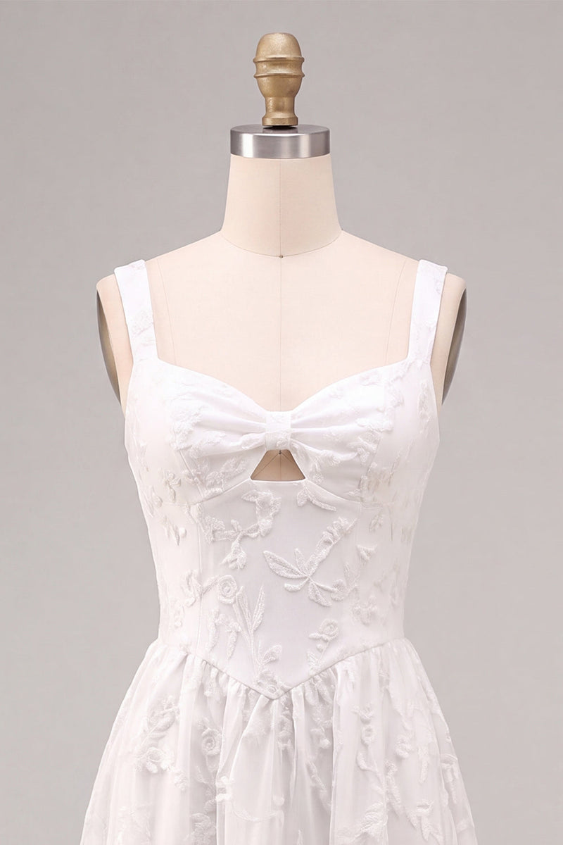 Load image into Gallery viewer, White A-Line Keyhole Jacquard Midi Boho Engagement Dress with Pockets