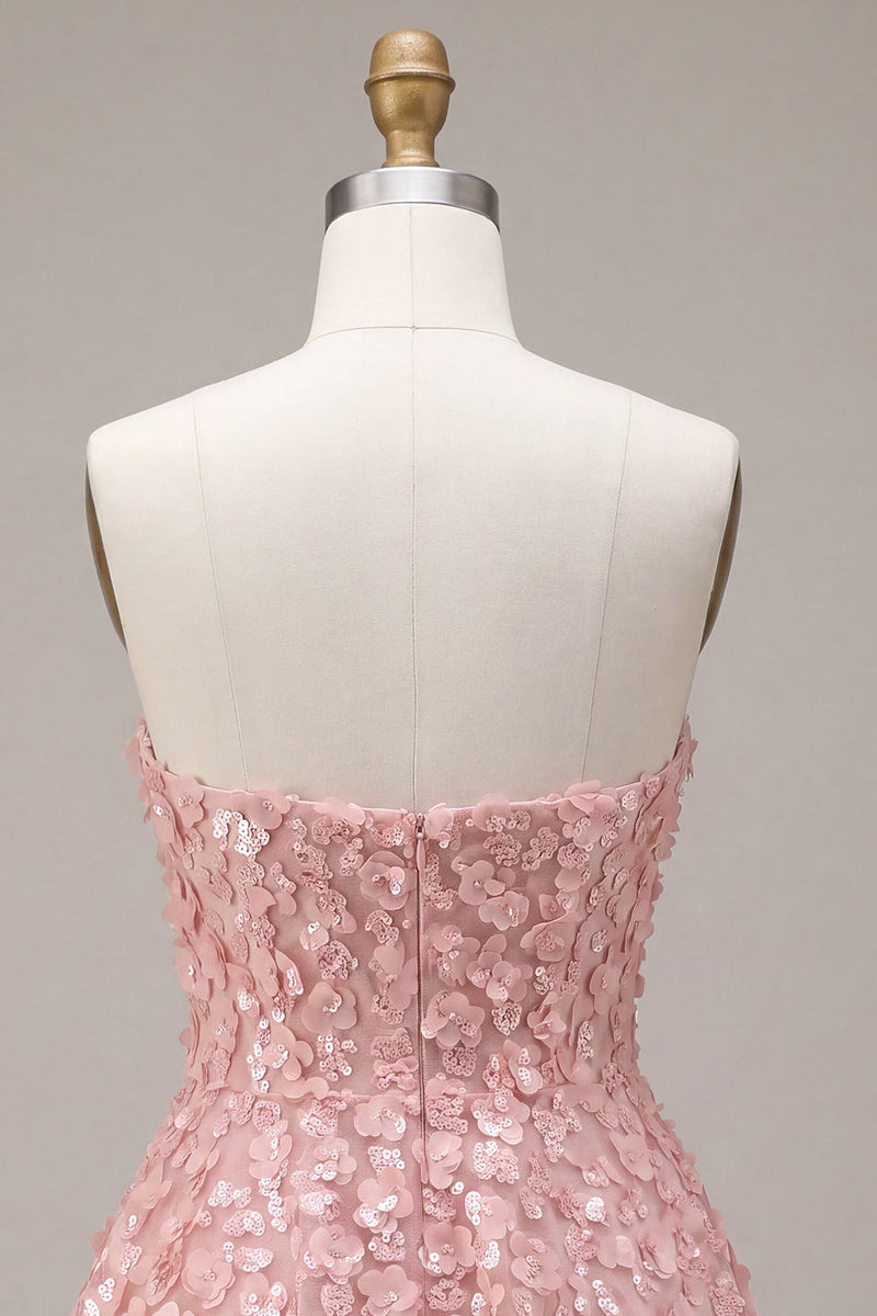 Load image into Gallery viewer, Sparkly Floral Pink A Line Strapless Short Sequins Cocktail Dress
