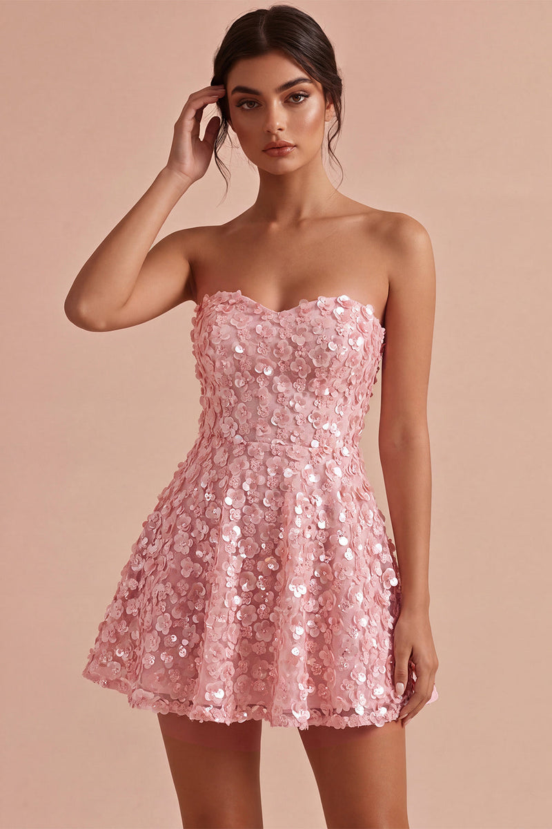 Load image into Gallery viewer, Sparkly Floral Pink A Line Strapless Short Sequins Cocktail Dress