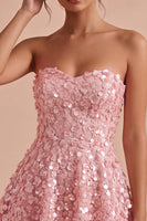 Load image into Gallery viewer, Sparkly Floral Pink A Line Strapless Short Sequins Cocktail Dress