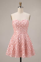 Load image into Gallery viewer, Sparkly Floral Pink A Line Strapless Short Sequins Cocktail Dress