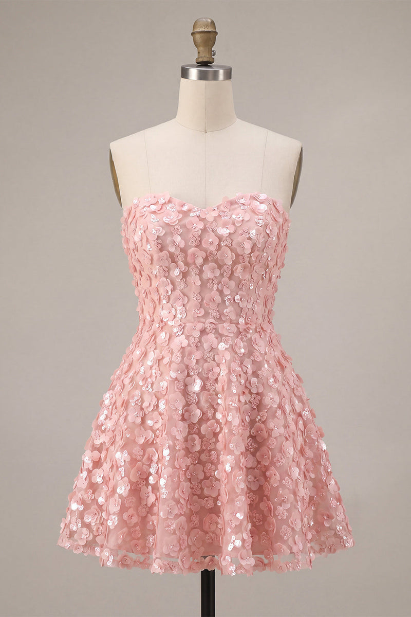 Load image into Gallery viewer, Sparkly Floral Pink A Line Strapless Short Sequins Cocktail Dress