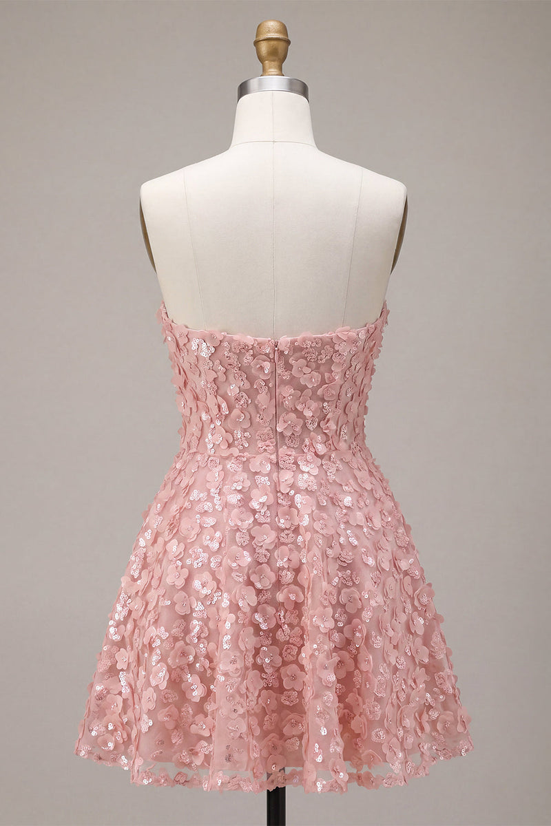 Load image into Gallery viewer, Sparkly Floral Pink A Line Strapless Short Sequins Cocktail Dress