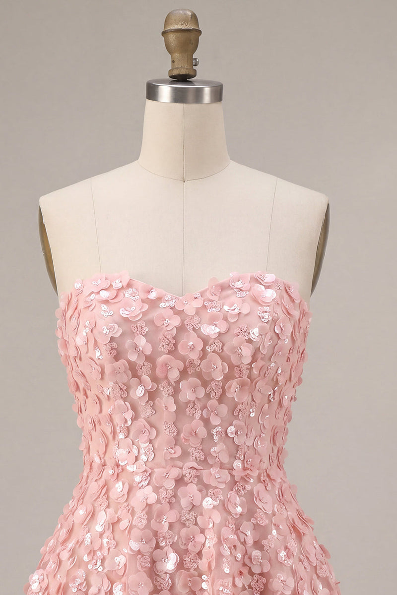 Load image into Gallery viewer, Sparkly Floral Pink A Line Strapless Short Sequins Cocktail Dress