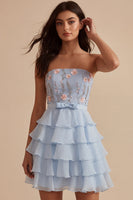 Load image into Gallery viewer, Sky Blue A Line Ruffled Strapless Floral Short Cocktail Dress with Bow