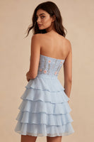 Load image into Gallery viewer, Sky Blue A Line Ruffled Strapless Floral Short Cocktail Dress with Bow