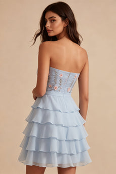 Sky Blue A Line Ruffled Strapless Floral Short Cocktail Dress with Bow