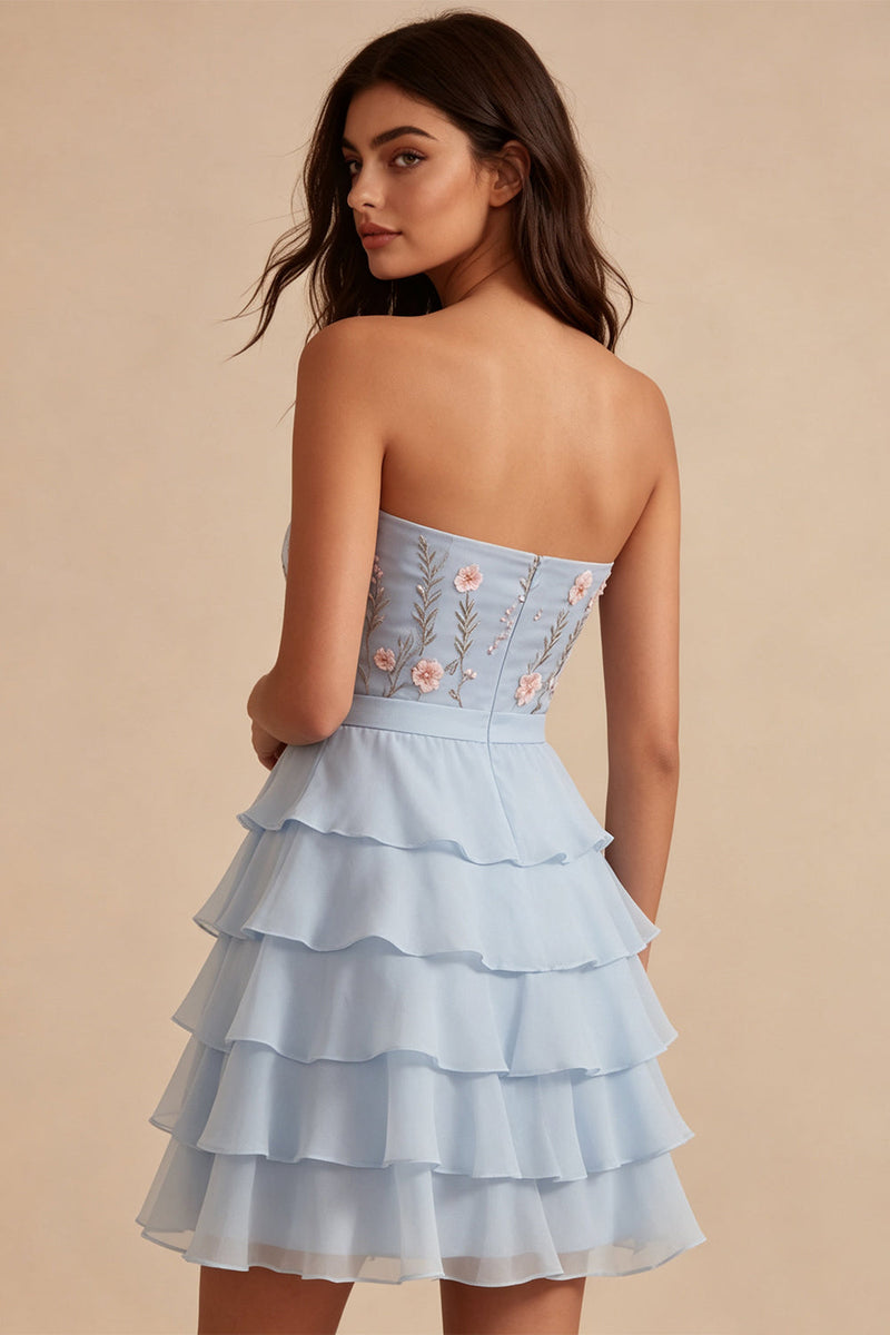 Load image into Gallery viewer, Sky Blue A Line Ruffled Strapless Floral Short Cocktail Dress with Bow