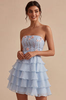 Load image into Gallery viewer, Sky Blue A Line Ruffled Strapless Floral Short Cocktail Dress with Bow