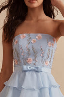 Load image into Gallery viewer, Sky Blue A Line Ruffled Strapless Floral Short Cocktail Dress with Bow