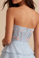 Load image into Gallery viewer, Sky Blue A Line Ruffled Strapless Floral Short Cocktail Dress with Bow