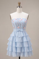 Load image into Gallery viewer, Sky Blue A Line Ruffled Strapless Floral Short Cocktail Dress with Bow