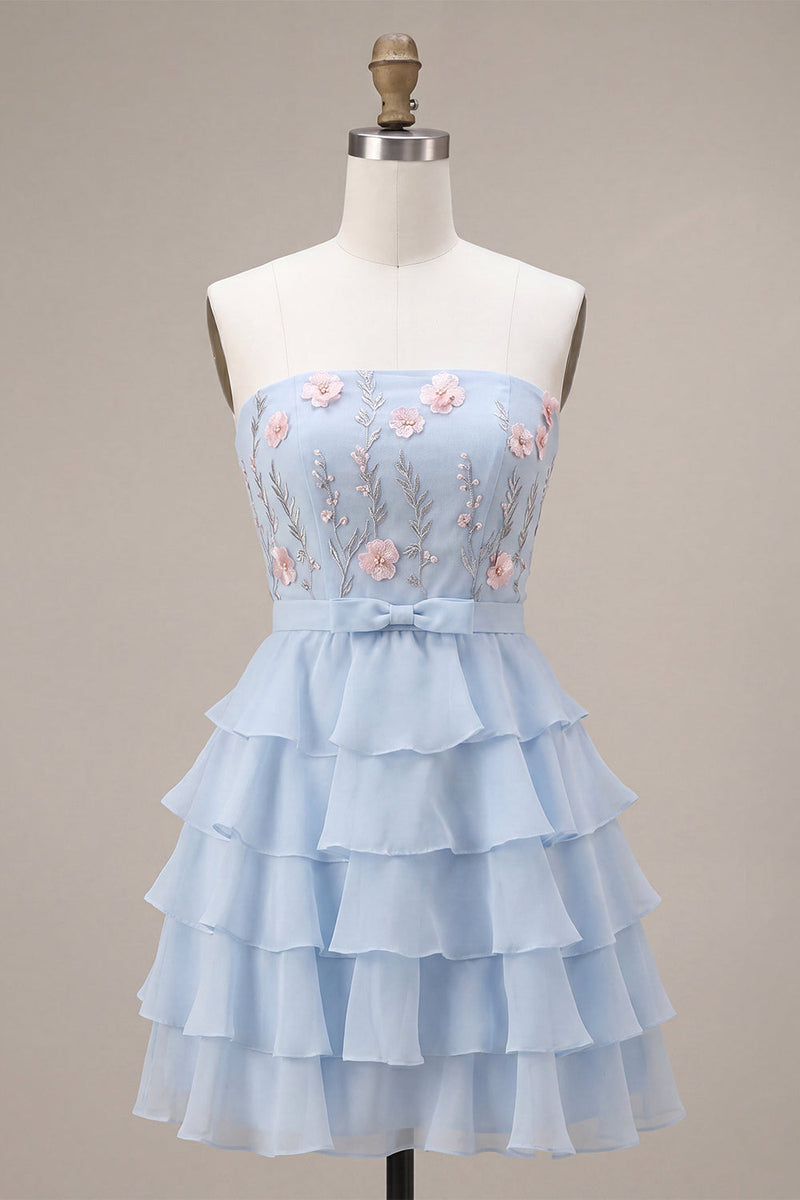 Load image into Gallery viewer, Sky Blue A Line Ruffled Strapless Floral Short Cocktail Dress with Bow