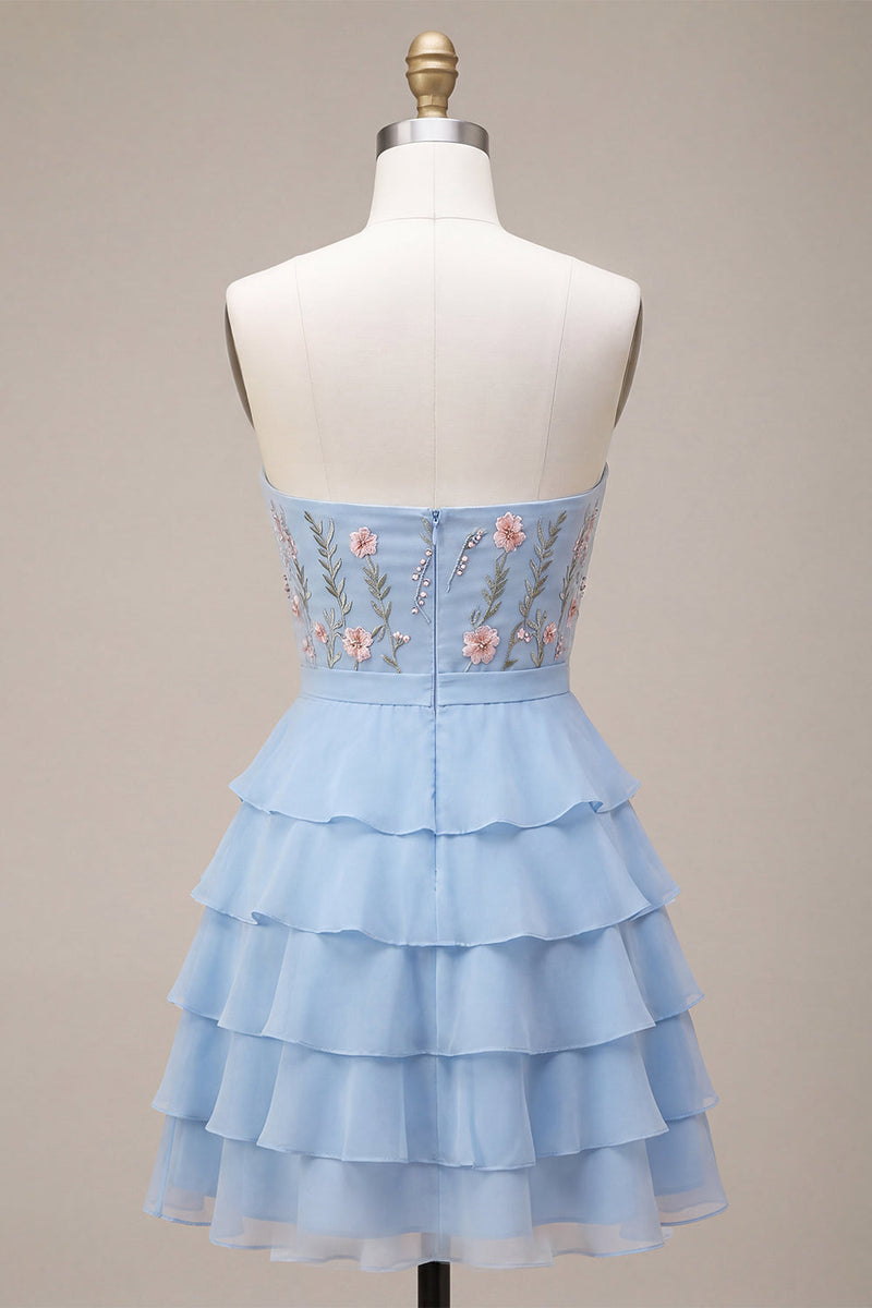 Load image into Gallery viewer, Sky Blue A Line Ruffled Strapless Floral Short Cocktail Dress with Bow