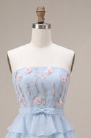 Load image into Gallery viewer, Sky Blue A Line Ruffled Strapless Floral Short Cocktail Dress with Bow