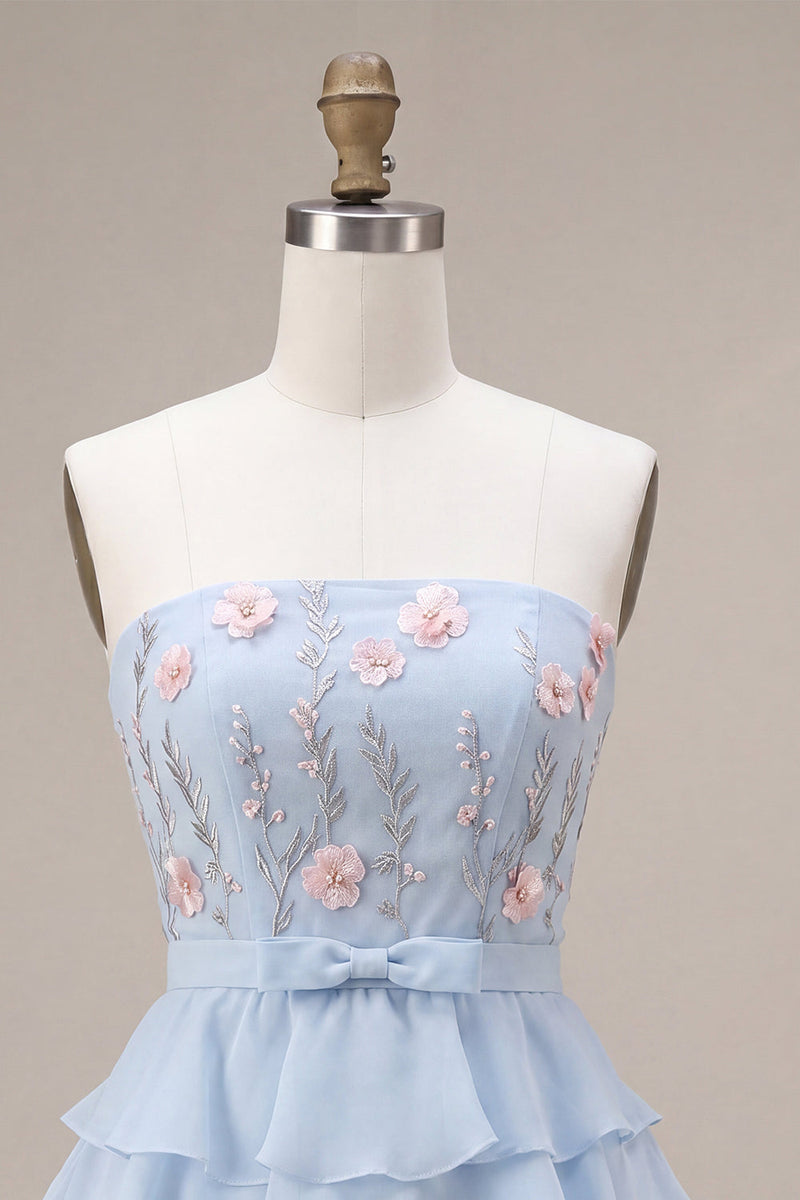 Load image into Gallery viewer, Sky Blue A Line Ruffled Strapless Floral Short Cocktail Dress with Bow
