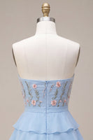 Load image into Gallery viewer, Sky Blue A Line Ruffled Strapless Floral Short Cocktail Dress with Bow