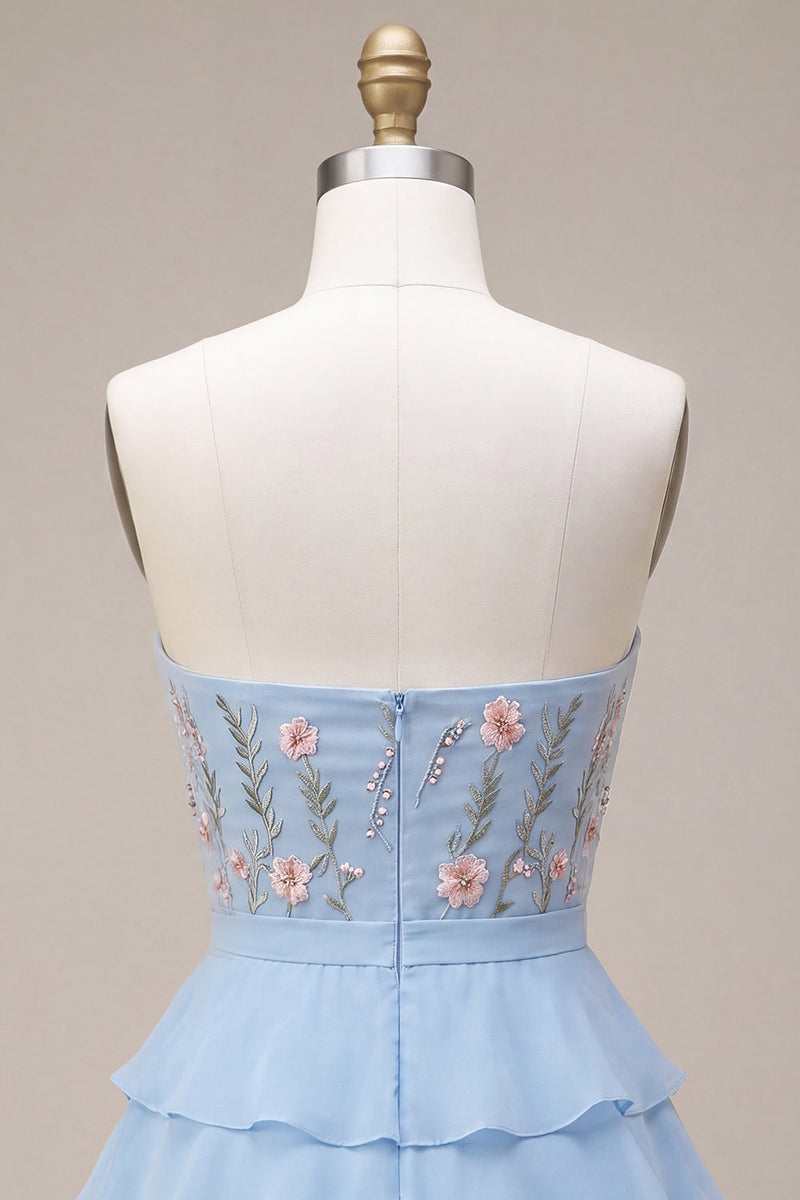 Load image into Gallery viewer, Sky Blue A Line Ruffled Strapless Floral Short Cocktail Dress with Bow