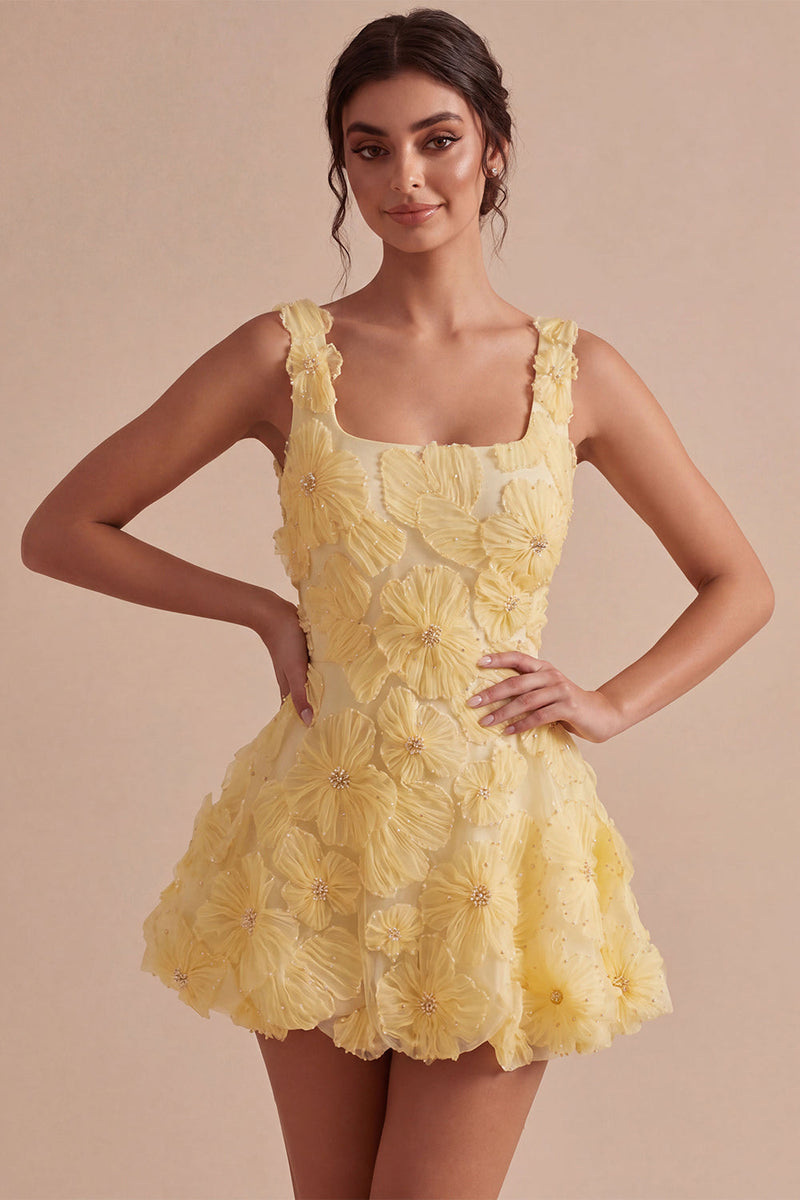 Load image into Gallery viewer, Sparkly Light Yellow Floral A Line Beaded Short Cocktail Dress