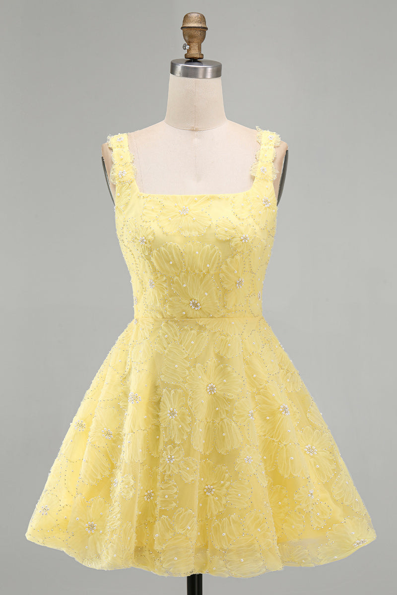 Load image into Gallery viewer, Sparkly Light Yellow Floral A Line Beaded Short Cocktail Dress