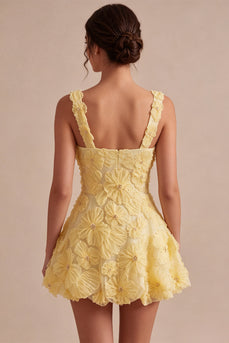 Sparkly Light Yellow Floral A Line Beaded Short Cocktail Dress