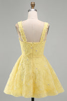 Load image into Gallery viewer, Sparkly Light Yellow Floral A Line Beaded Short Cocktail Dress