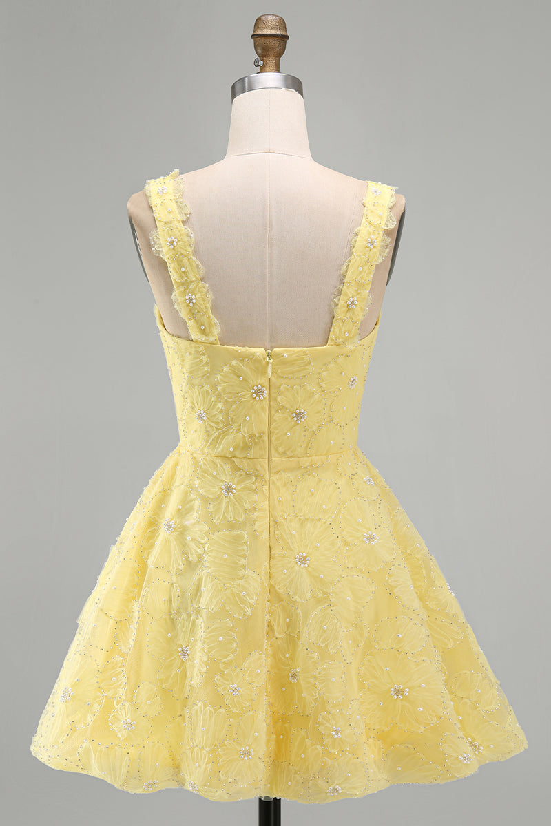Load image into Gallery viewer, Sparkly Light Yellow Floral A Line Beaded Short Cocktail Dress
