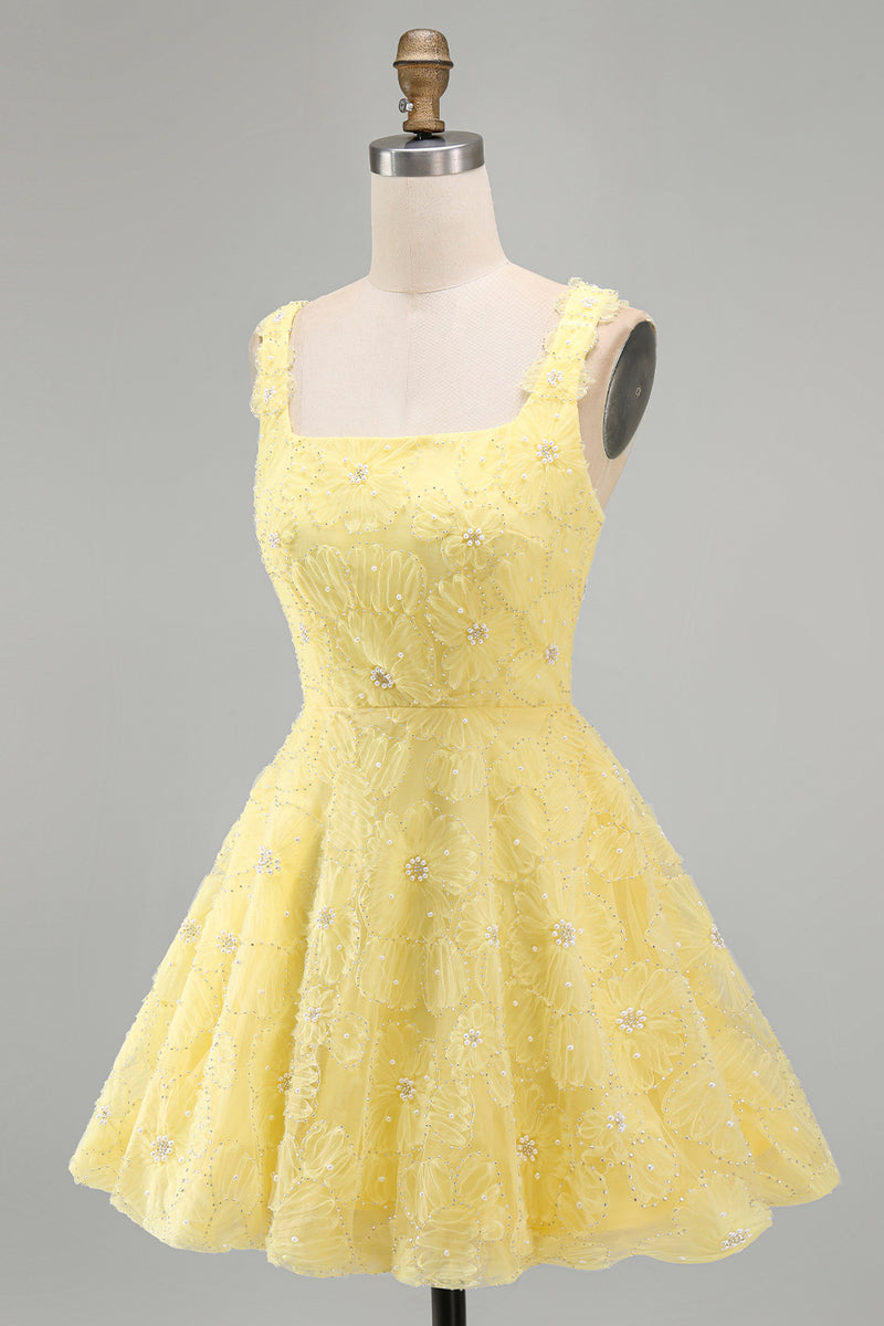 Load image into Gallery viewer, Sparkly Light Yellow Floral A Line Beaded Short Cocktail Dress