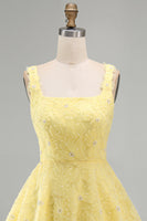 Load image into Gallery viewer, Sparkly Light Yellow Floral A Line Beaded Short Cocktail Dress
