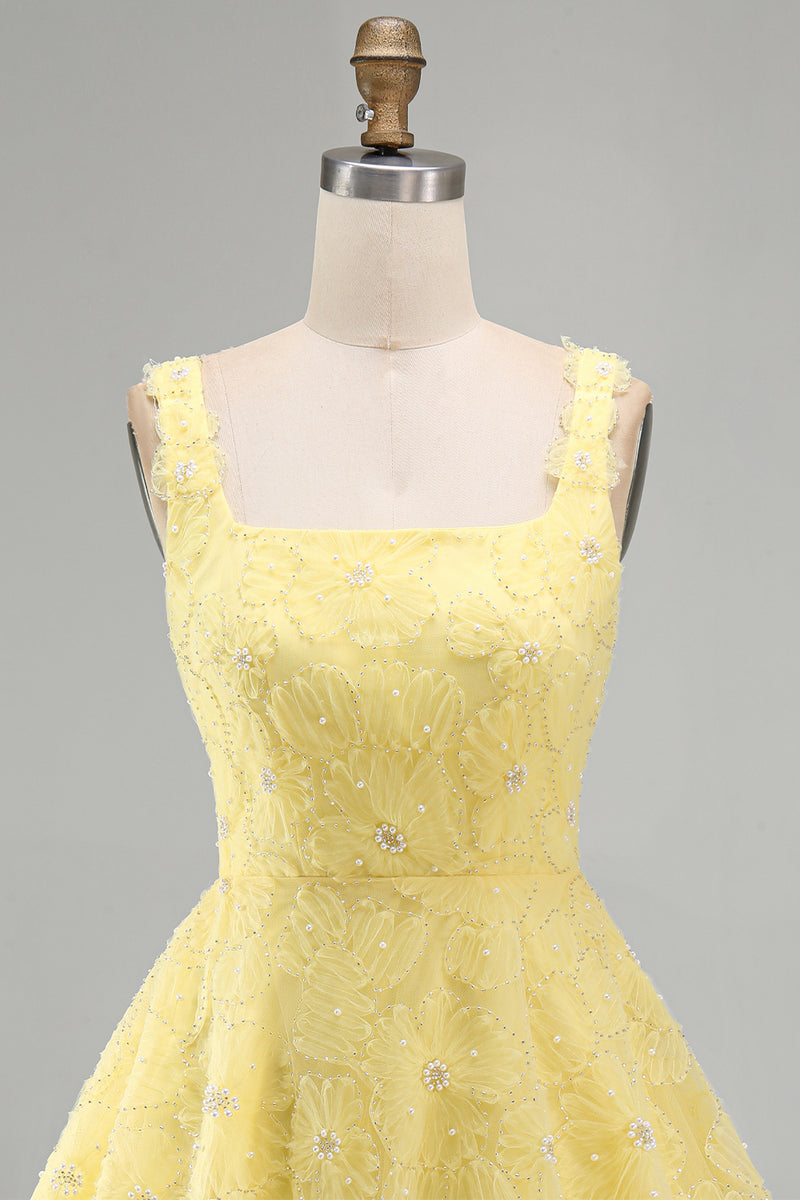 Load image into Gallery viewer, Sparkly Light Yellow Floral A Line Beaded Short Cocktail Dress
