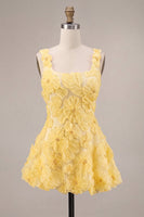 Load image into Gallery viewer, Sparkly Light Yellow Floral A Line Beaded Short Cocktail Dress