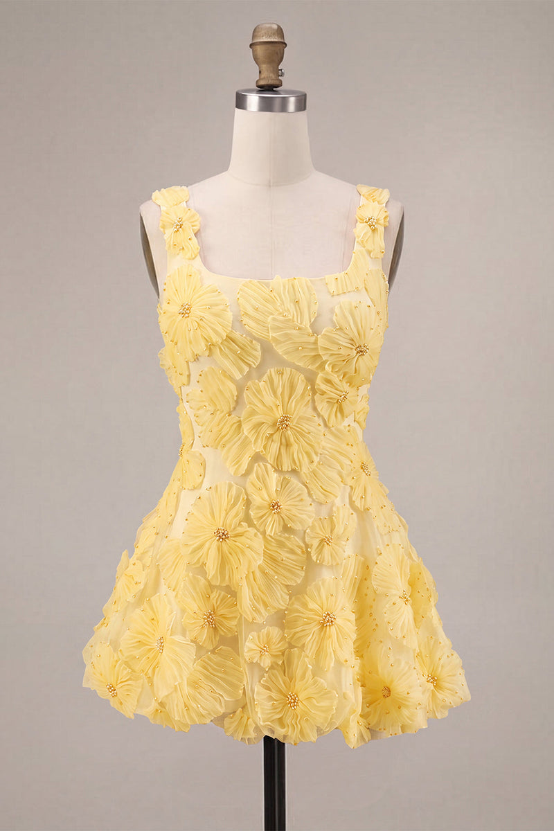 Load image into Gallery viewer, Sparkly Light Yellow Floral A Line Beaded Short Cocktail Dress