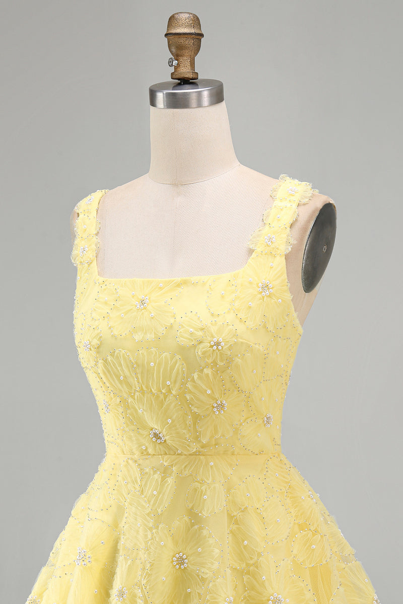 Load image into Gallery viewer, Sparkly Light Yellow Floral A Line Beaded Short Cocktail Dress
