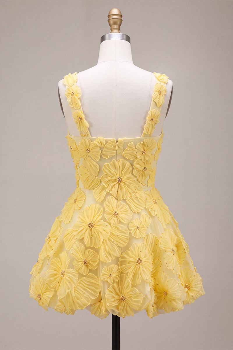 Load image into Gallery viewer, Sparkly Light Yellow Floral A Line Beaded Short Cocktail Dress
