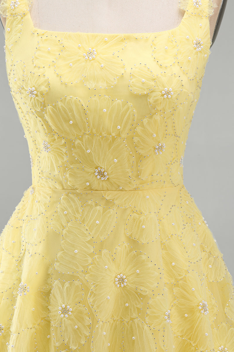 Load image into Gallery viewer, Sparkly Light Yellow Floral A Line Beaded Short Cocktail Dress