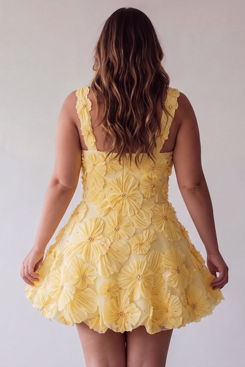 Load image into Gallery viewer, Sparkly Light Yellow Floral A Line Beaded Short Cocktail Dress