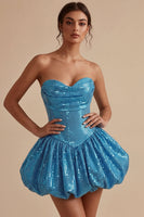 Load image into Gallery viewer, Sparkly Blue A Line Strapless Sequin Short Cocktail Dress