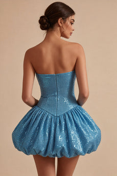 Sparkly Blue A Line Strapless Sequin Short Cocktail Dress