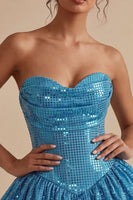 Load image into Gallery viewer, Sparkly Blue A Line Strapless Sequin Short Cocktail Dress