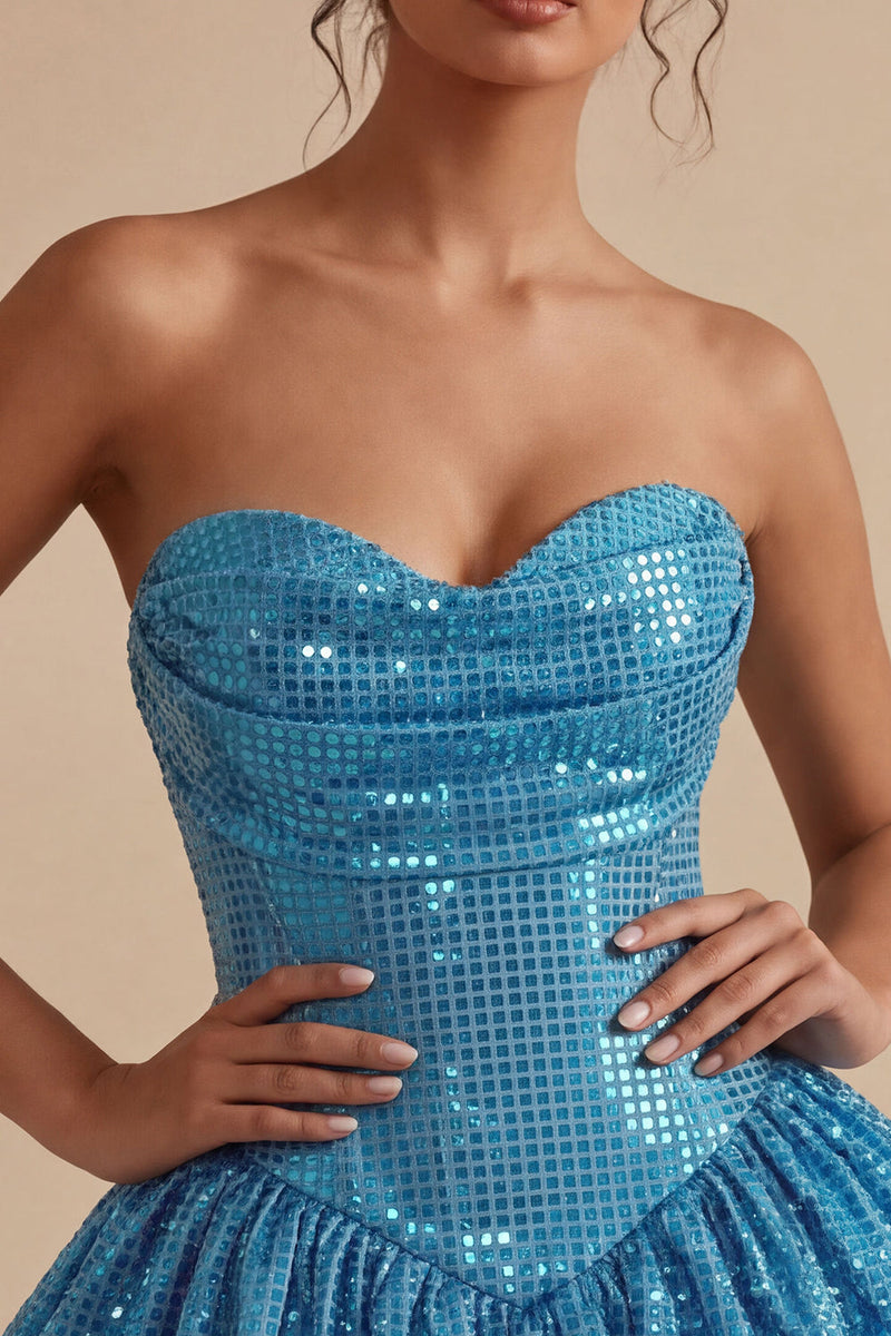 Load image into Gallery viewer, Sparkly Blue A Line Strapless Sequin Short Cocktail Dress